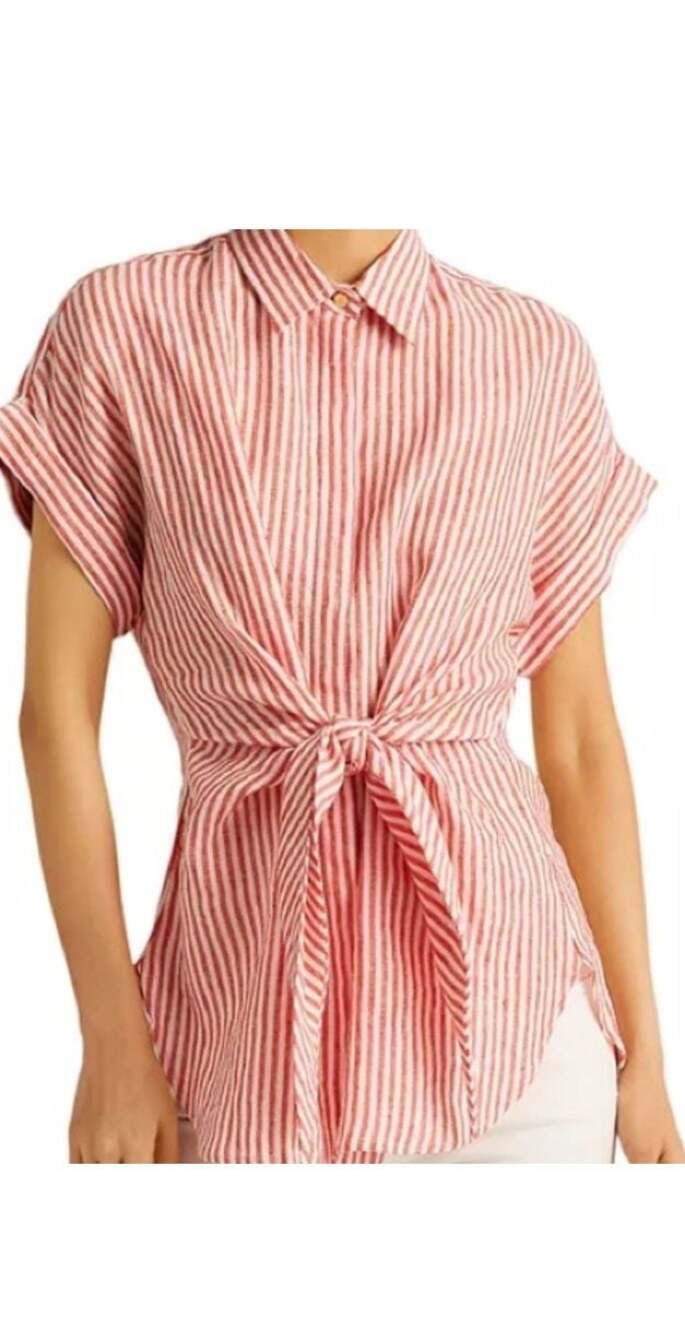 Lauren Ralph Lauren Red/White Striped Tie Front Linen Top Large Coastal Chic - Picture 2 of 10